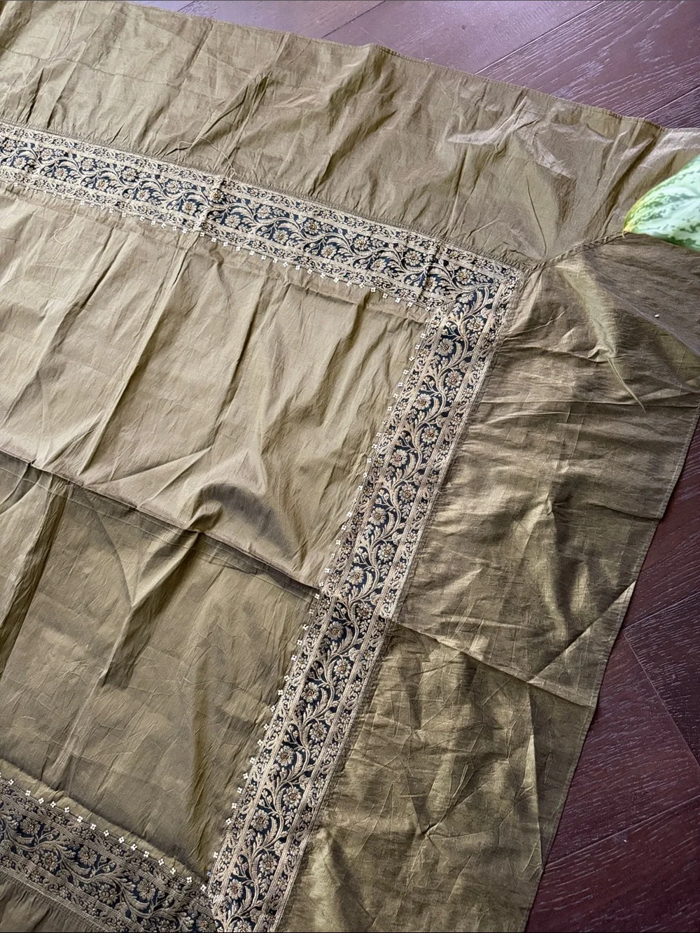 Olive Green Embroidered Cotton Throw/ table cover with goldTassels